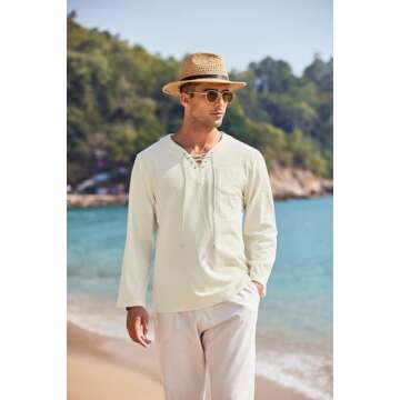 COOFANDY Men Linen Beach Tshirt Lace Up V Neck Shirts Renaissance Vintage Shirts