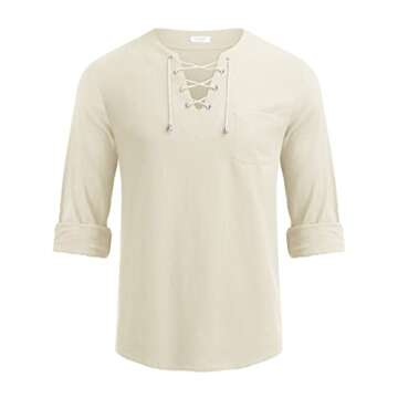 COOFANDY Men Linen Beach Tshirt Lace Up V Neck Shirts Renaissance Vintage Shirts