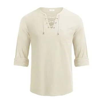 COOFANDY Men Linen Beach Tshirt Lace Up V Neck Shirts Renaissance Vintage Shirts