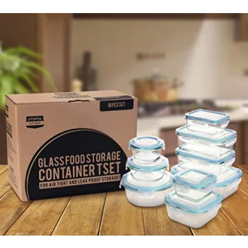 Utopia Kitchen Glass Food Storage Container Set - 18 Pieces (9 Containers and 9 Lids) - Transparent Lids - BPA Free (Blue, 18 Piece Set)