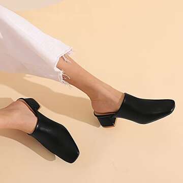 MOOMMO Women Chunky Heel Mules Black Closed Toe Square Toe Slip On Backless Pumps Black Mid Block He...