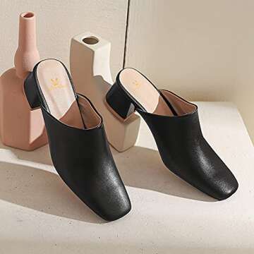 MOOMMO Women Chunky Heel Mules Black Closed Toe Square Toe Slip On Backless Pumps Black Mid Block Heel Comfort Matte Leather Slide Sandals Casual Cute Outdoor Slippers Dress Shoes 5 M US