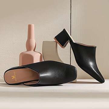 MOOMMO Women Chunky Heel Mules Black Closed Toe Square Toe Slip On Backless Pumps Black Mid Block Heel Comfort Matte Leather Slide Sandals Casual Cute Outdoor Slippers Dress Shoes 5 M US