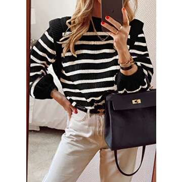 PRETTYGARDEN Women's Sweaters Casual Long Lantern Sleeve Crewneck Ribbed Knit Pullover Striped Jumper Tops Blouse (Black,Small)