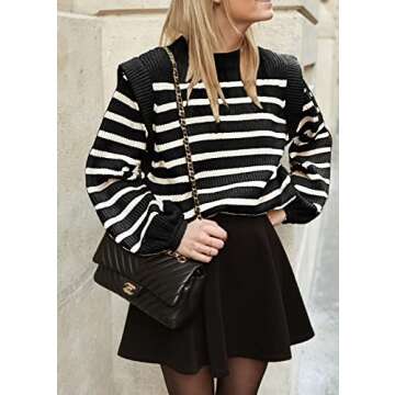 PRETTYGARDEN Women's Sweaters Casual Long Lantern Sleeve Crewneck Ribbed Knit Pullover Striped Jumper Tops Blouse (Black,Small)