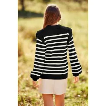 PRETTYGARDEN Women's Sweaters Casual Long Lantern Sleeve Crewneck Ribbed Knit Pullover Striped Jumper Tops Blouse (Black,Small)