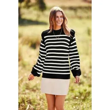PRETTYGARDEN Women's Sweaters Casual Long Lantern Sleeve Crewneck Ribbed Knit Pullover Striped Jumper Tops Blouse (Black,Small)