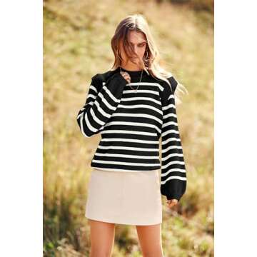 PRETTYGARDEN Women's Sweaters Casual Long Lantern Sleeve Crewneck Ribbed Knit Pullover Striped Jumper Tops Blouse (Black,Small)
