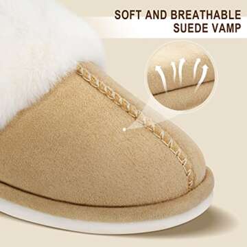 Parlovable Women Slippers with Memory Foam, Fuzzy Warm Bedroom House Shoes, Fluffy Winter Indoor Outdoor Anti-Skid Sole Beige 7-8