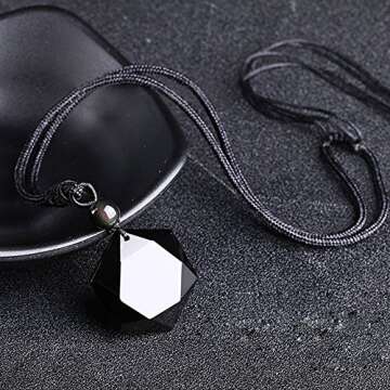 MENGLINA Black Obsidian Hexagram Natural Stone Necklace Translucent Ice Obsidian Wolf Tooth Amulet His and Hers Couples Necklace Lucky Love Pendant Necklace for Men Women