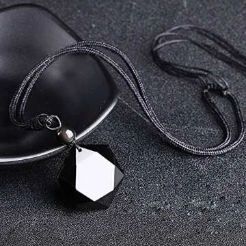MENGLINA Black Obsidian Hexagram Natural Stone Necklace Translucent Ice Obsidian Wolf Tooth Amulet His and Hers Couples Necklace Lucky Love Pendant Necklace for Men Women