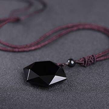 MENGLINA Black Obsidian Hexagram Natural Stone Necklace Translucent Ice Obsidian Wolf Tooth Amulet His and Hers Couples Necklace Lucky Love Pendant Necklace for Men Women