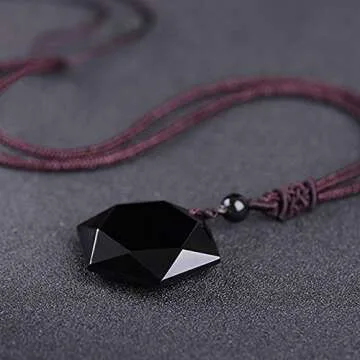 MENGLINA Black Obsidian Hexagram Natural Stone Necklace Translucent Ice Obsidian Wolf Tooth Amulet His and Hers Couples Necklace Lucky Love Pendant Necklace for Men Women