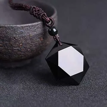 MENGLINA Black Obsidian Hexagram Natural Stone Necklace Translucent Ice Obsidian Wolf Tooth Amulet His and Hers Couples Necklace Lucky Love Pendant Necklace for Men Women