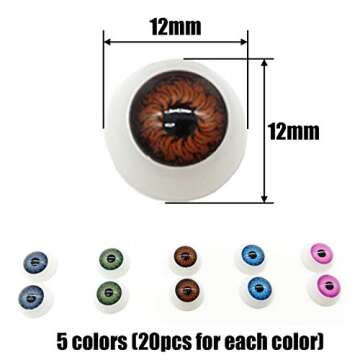 TIHOOD 100pcs/box 12mm Doll Eyeballs Half Round Acrylic Eyes for DIY Doll Bear Crafts Halloween