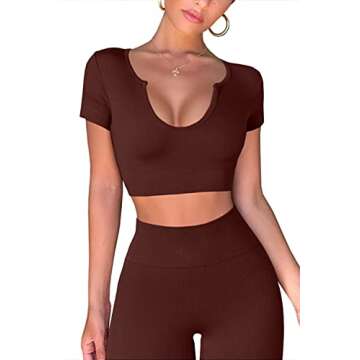 Mulisky Workout Outfits for Women 2 Pieces Ribbed Seamless Yoga Sports Crop Top with High Waist Leggings Set Coffee M