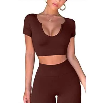 Mulisky Workout Outfits for Women 2 Pieces Ribbed Seamless Yoga Sports Crop Top with High Waist Leggings Set Coffee M
