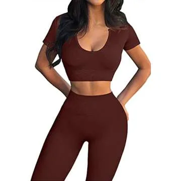 Mulisky Workout Outfits for Women 2 Pieces Ribbed Seamless Yoga Sports Crop Top with High Waist Leggings Set Coffee M