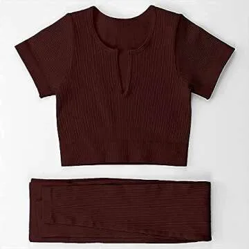 Mulisky Workout Outfits for Women 2 Pieces Ribbed Seamless Yoga Sports Crop Top with High Waist Leggings Set Coffee M