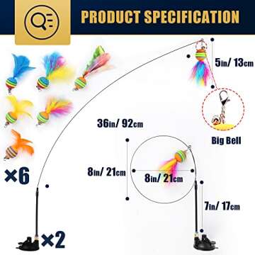 Acantha Interactive Cat Toys Kit - 10 Pack Detachable Feather Toys with 2 Wands, 2 Suction Cups, 6 R...