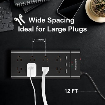 WANDOFO 12FT Power Strip with USB Charging and Surge Protection