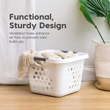 IRIS USA 30L Plastic Laundry Basket Hamper Organizer with Built-In Comfort Carry Handles, 2 Pack, Clothes Hamper, Laundry Hamper for Dorm Laundry Room Bedroom, Nestable, Ventilation Holes, White