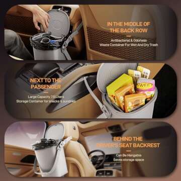 Waretary Trash Can for Car Garbage: Leakproof Silicone Car Waste Bin w/Lid for Drivers and Passengers; 1.9 Gallon Garbage Container for Vehicle, Sedan, SUV, Van, MPV & Truck (Grey)