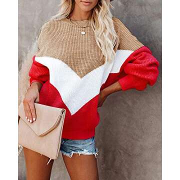 Saodimallsu Womens Oversized Batwing Sleeve Sweaters Chevron Color Block Slouchy Loose Knit Pullover Jumper Red