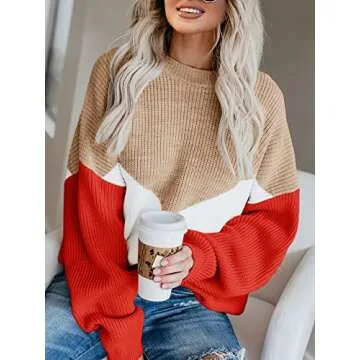 Saodimallsu Womens Oversized Batwing Sleeve Sweaters Chevron Color Block Slouchy Loose Knit Pullover Jumper Red