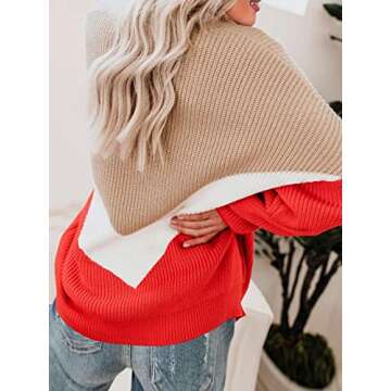 Saodimallsu Womens Oversized Batwing Sleeve Sweaters Chevron Color Block Slouchy Loose Knit Pullover Jumper Red