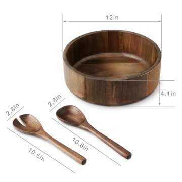 Large Acacia Wooden Salad Bowl Set with Tongs - 12 inch