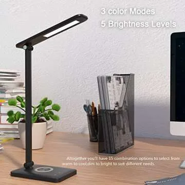 LED Desk Lamp with Wireless Charging, Eye-Caring Table Lamp USB Charging Port, 3Lighting Modes 5Brightness Levels With Memory Function, Touch Control Adjustable Lamp15W Office, Reading, Study,Black