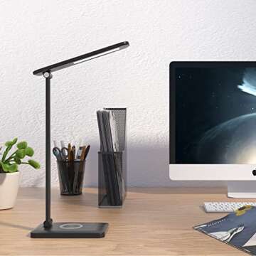 LED Desk Lamp with Wireless Charging, Eye-Caring Table Lamp USB Charging Port, 3Lighting Modes 5Brightness Levels With Memory Function, Touch Control Adjustable Lamp15W Office, Reading, Study,Black