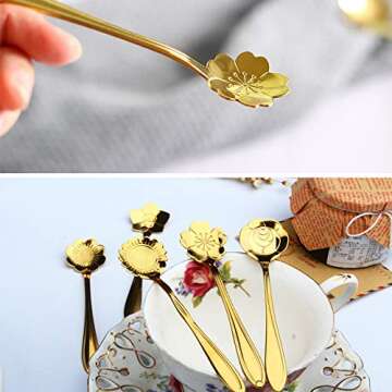 Stainless Steel Tableware Creative Flower Coffee Spoon, Sugar Spoon, Stirring Spoon, Mixing Spoon, Stir Bar Spoon, Tea Spoon, Ice Tea Spoon for Tea, Cake, Sugar, Dessert Ice Cream Spoon, Set of 8,Gold