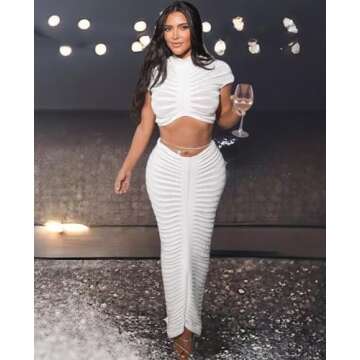 Kafiloe Sexy 2 Piece Outfits for Women Mesh See Through Crochet Short Sleeve Crop Top Bodycon Maxi S...