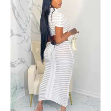 Kafiloe Sexy 2 Piece Outfits for Women Mesh See Through Crochet Short Sleeve Crop Top Bodycon Maxi Skirt Set White S