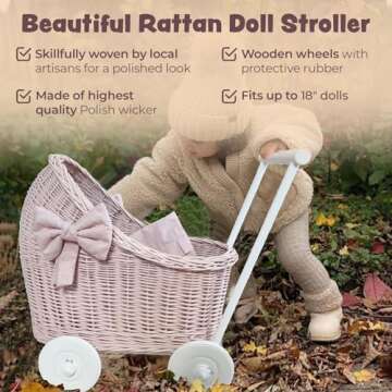 Wiklibox Rattan Doll Stroller - Handcrafted for 17" Dolls