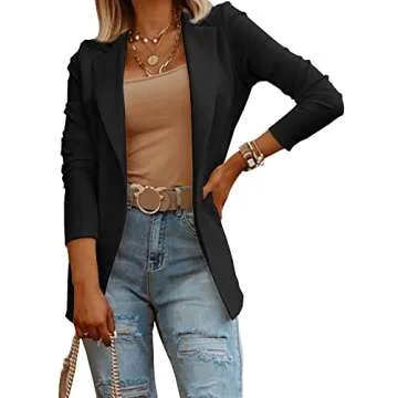 Womens Casual Long Sleeve Blazers Solid Color Knit Blazer Work Office Open Front Blazer Jacket Black