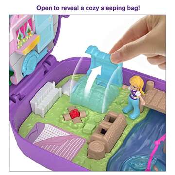 Polly Pocket Playset, Travel Compact with 2 Micro Dolls, Toy Boat & Surprise Accessories, Pocket World Owlnite Campsite