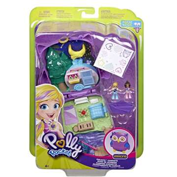 Polly Pocket Playset, Travel Compact with 2 Micro Dolls, Toy Boat & Surprise Accessories, Pocket World Owlnite Campsite