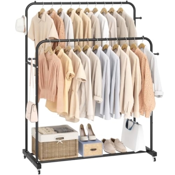 Aiensia Double Rods Garment Rack with Wheels - Multi-functional Clothing Organizer