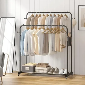 Aiensia Double Rods Garment Rack with Wheels for Clothes