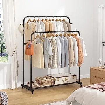 Aiensia Double Rods Garment Rack with Wheels for Clothes