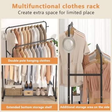 Aiensia Double Rods Garment Rack with Wheels for Clothes