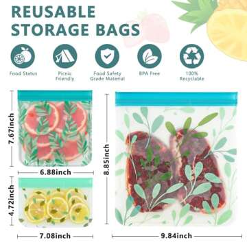 10 Pack Dishwasher Safe Reusable Food Storage Bags,Leakproof Reusable Freezer Bags(3 Reusable Gallon Bags,4 Reusable Sandwich Bags,3 Reusable Kids Snack Bags) for Snack Meat Food Fruit Cereal-BPA FREE