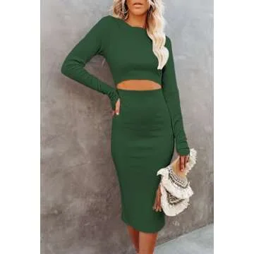 Pink Queen Womens Sexy Knit Dress Crew Neck Long Sleeve Bodycon Cutout Midi Dresses Green M