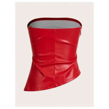 MakeMeChic Women's Faux Leather Strapless Tube Top Asymmetrical Ruched Fitted Bandeau Tops Red Small