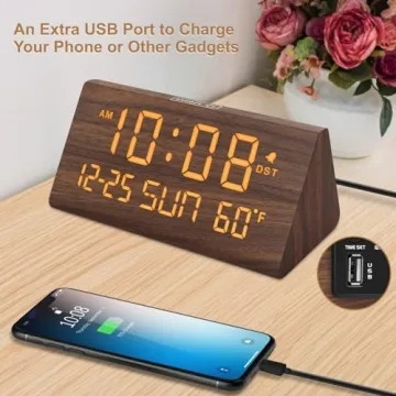 DreamSky Wooden Digital Alarm Clock with USB & Temperature
