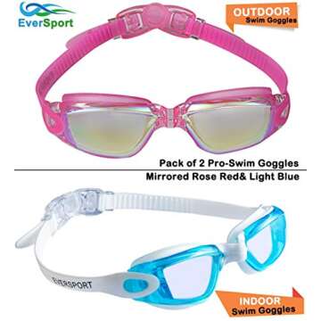 EverSport Swim Goggles, Pack of 2, Swimming Glasses for Adult Men Women Youth Kids Child, Anti-Fog, UV Protection, Shatter-proof, Watertight(LightBlue&Mirrored Rose Red)