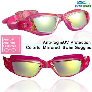 EverSport Swim Goggles, Pack of 2, Swimming Glasses for Adult Men Women Youth Kids Child, Anti-Fog, UV Protection, Shatter-proof, Watertight(LightBlue&Mirrored Rose Red)